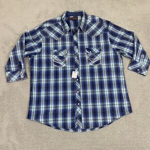 NWT Rock‎ & Roll Cowboy Blue Gray Plaid 3/4 Long Sleeve Pearl Snap XXL